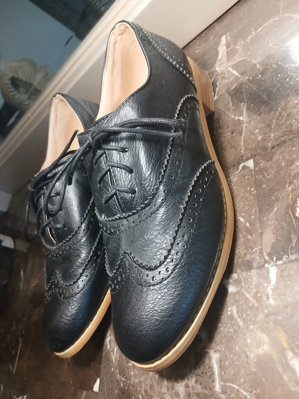 Black Leather Wingtip Lace-Up Oxfords